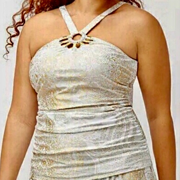 Cacique Other - Cacique off white and metallic gold print tankini top with gold thread size 24